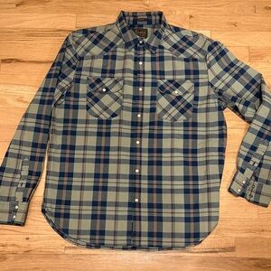 Lucky Brand Olive Green & Navy Blue and Cotton Snap Button Plaid Shirt Medium
